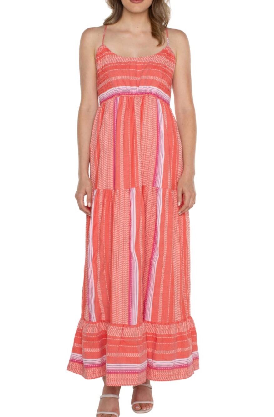 Liverpool Los Angeles Racer Back Tiered Maxi Dress Pink multi stripes XL NWT